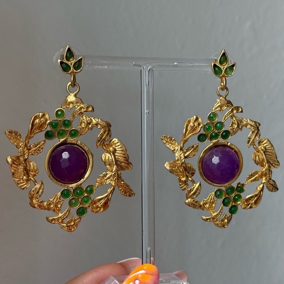 Handmade Moroccan Earrings Semi Precious Stones Gold Plated Leaves Green Purple - Picture 1 of 2
